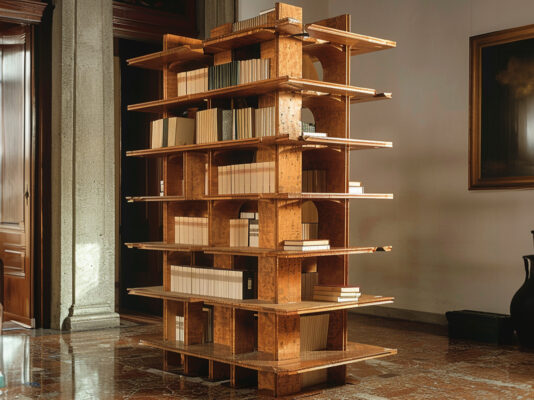 Bookcase in a room, prepared for removal.