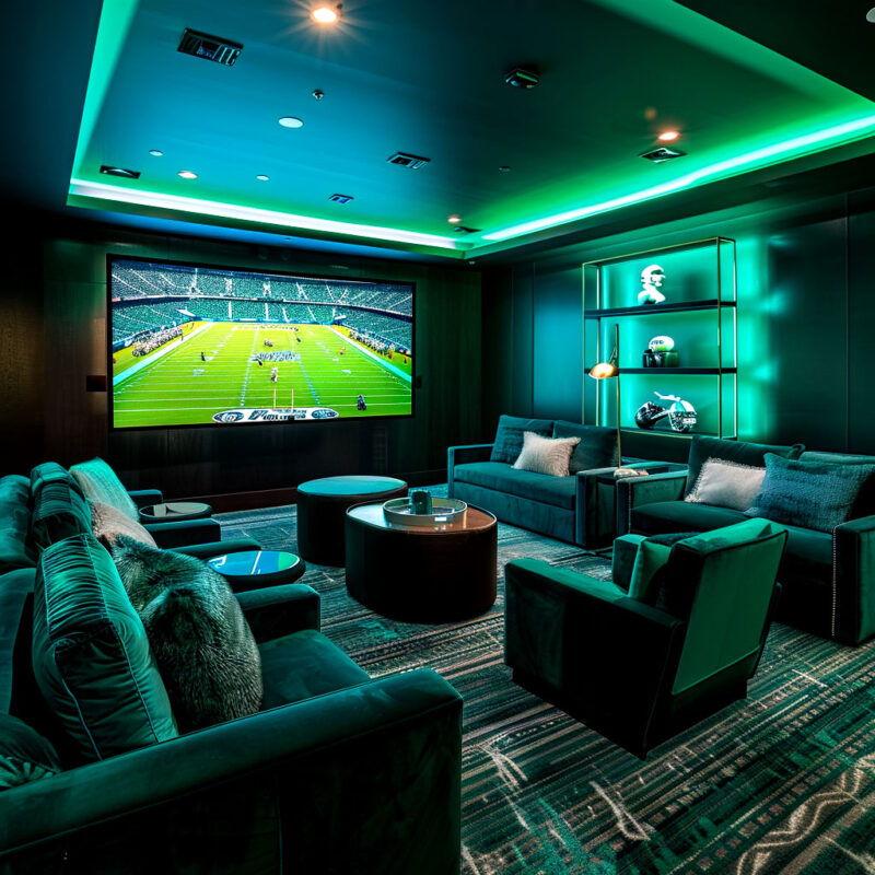 A spacious room with tv and couches