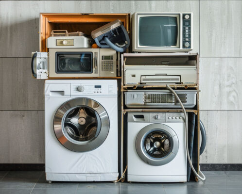A pile of old appliances awaiting removal and disposal.