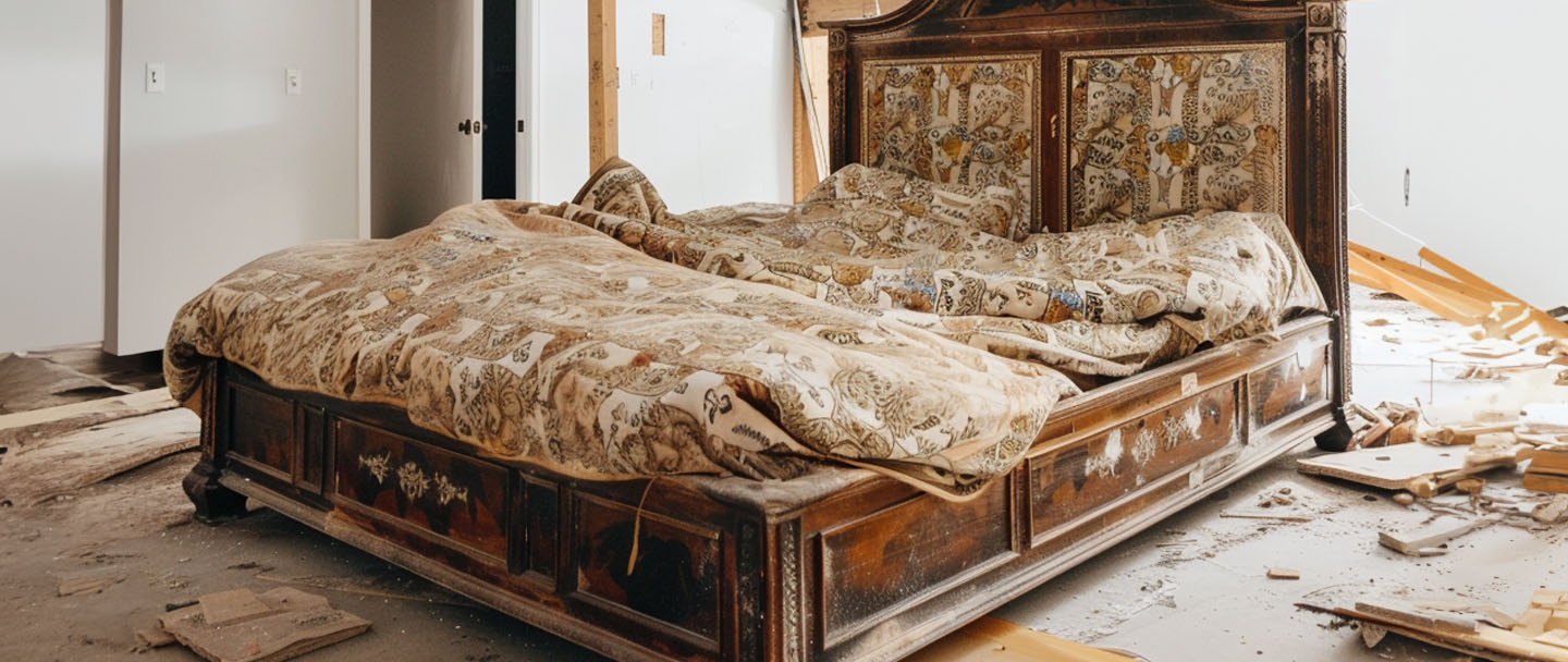 An intact bed frame ready for removal and disposal.