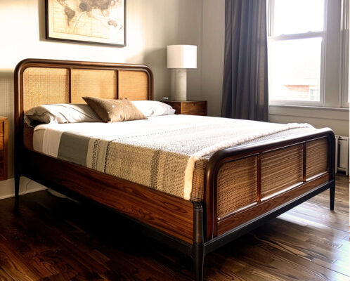 An intact bed frame ready for removal and disposal.