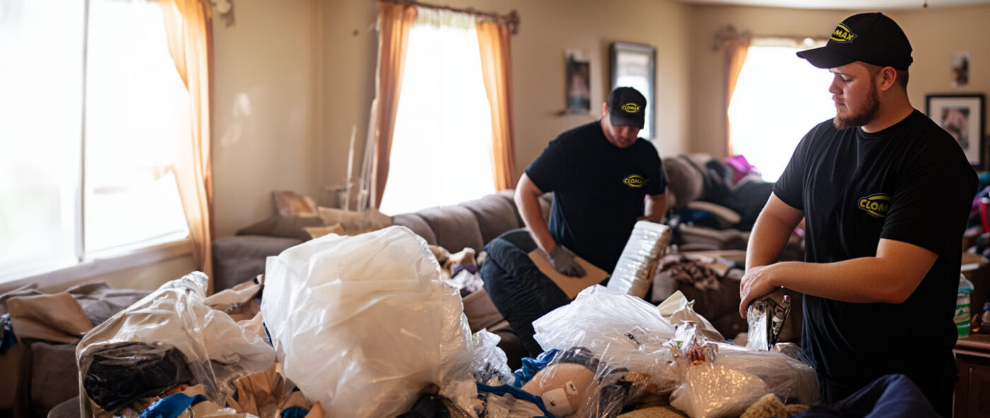 Two Clomax workers boxing up junk for removal.