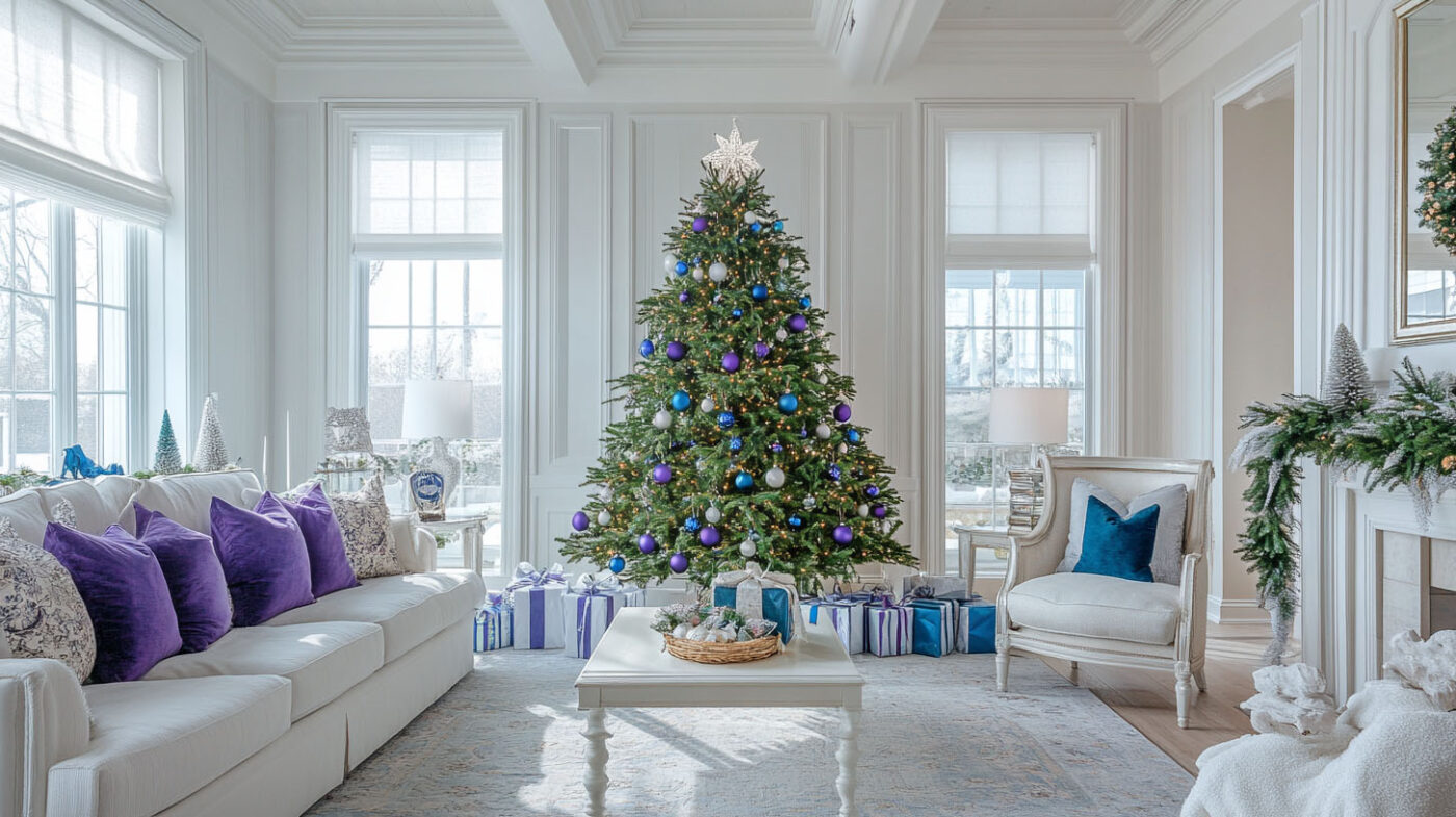 A spacious, modern living room with minimal holiday décor, clean surfaces, and a small Christmas tree in the corner.