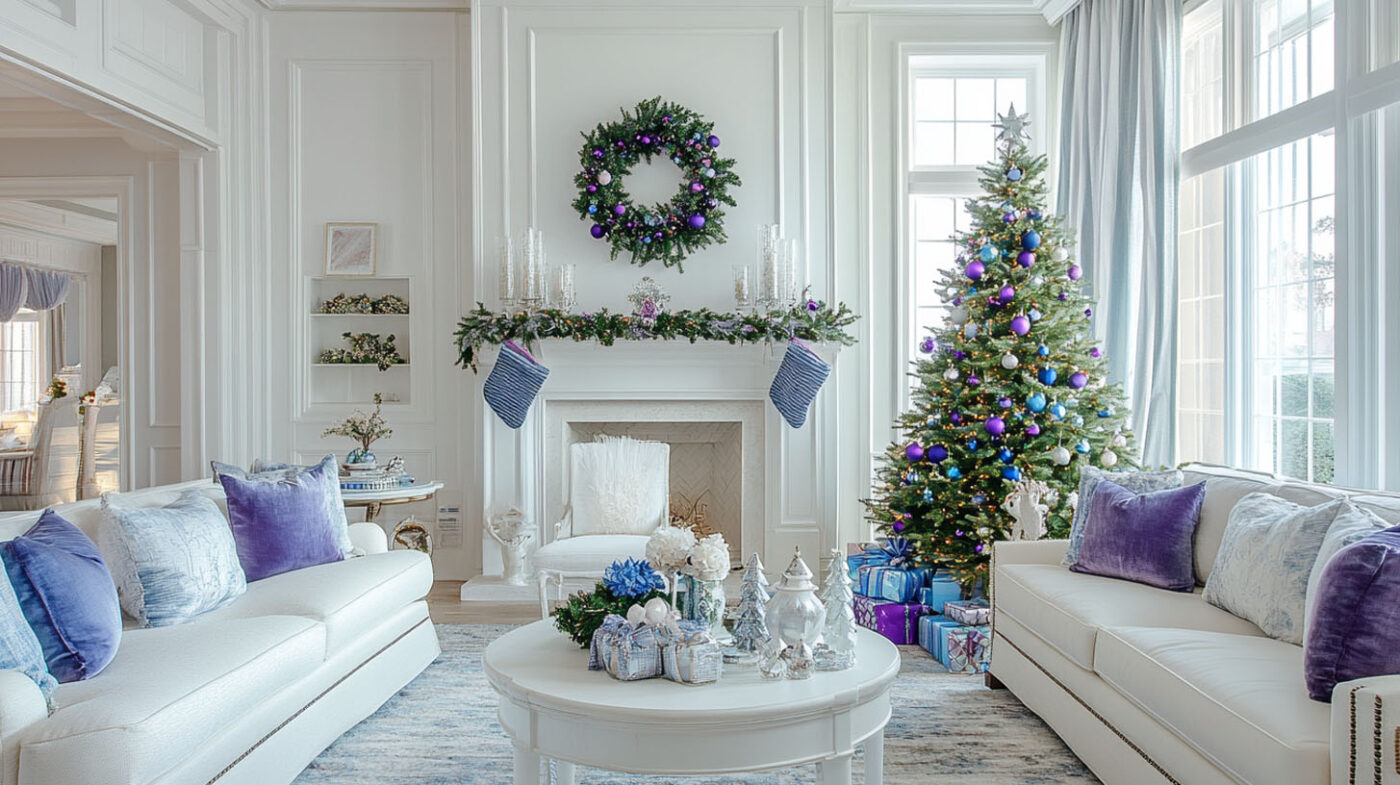 A cozy and decluttered living room with holiday decorations, a Christmas tree, and minimal clutter on the shelves and tables.