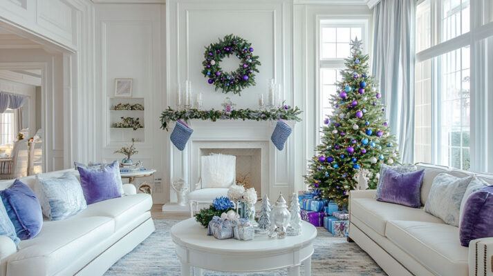 A cozy and decluttered living room with holiday decorations, a Christmas tree, and minimal clutter on the shelves and tables.