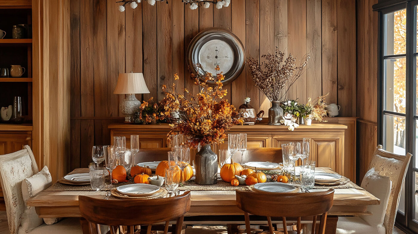 A clutter-free dining room with a holiday-themed table setting, featuring candles, centerpieces, and elegant décor.