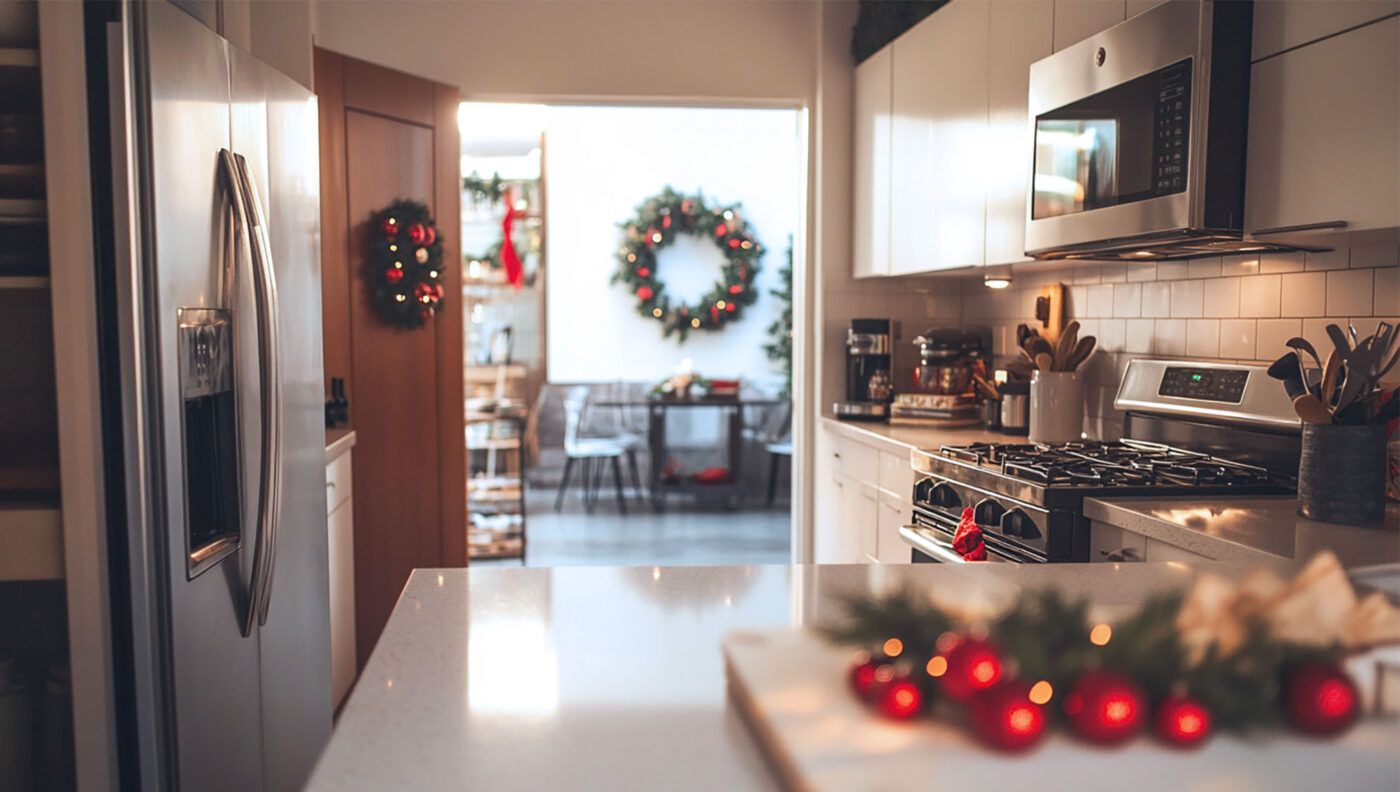 A clean and organized kitchen with clear countertops and holiday decorations, perfect for preparing holiday meals.