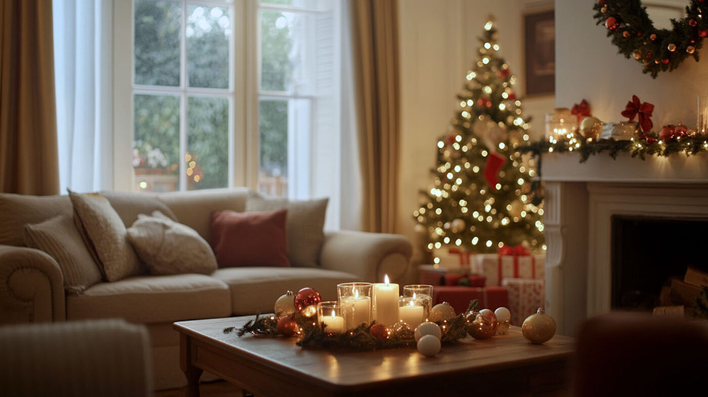 A rustic, cozy living room with wooden furniture, a stone fireplace, and natural holiday décor like pine branches and wreaths.