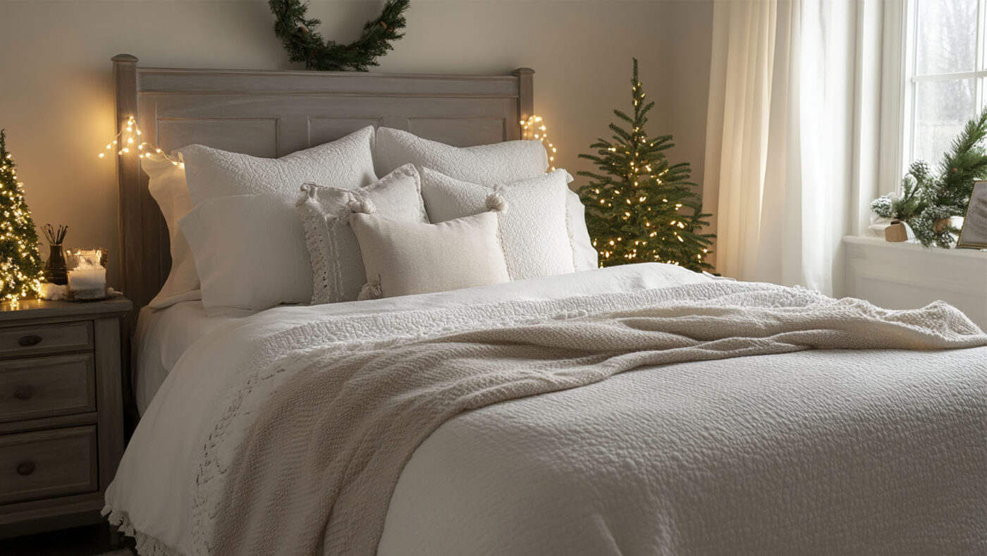 A clean, guest-ready bedroom with fresh linens, a decluttered nightstand, and subtle holiday décor.