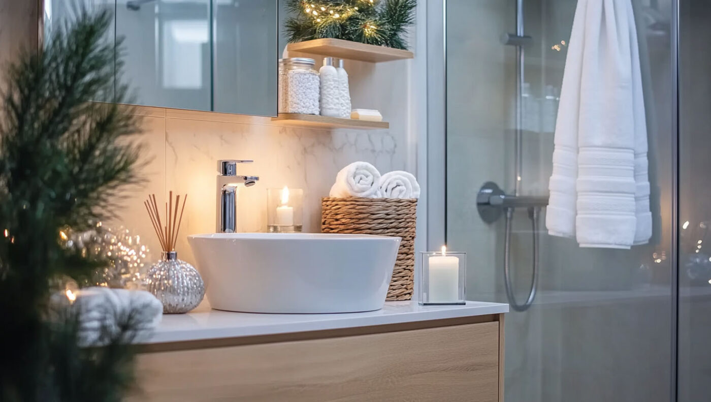 A clean, organized bathroom with fresh towels, a clutter-free sink, and subtle holiday decorations like scented candles.