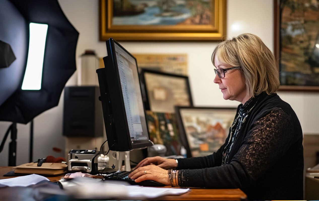 An auctioneer sitting at her computer with photography lighting and various items for sale around her