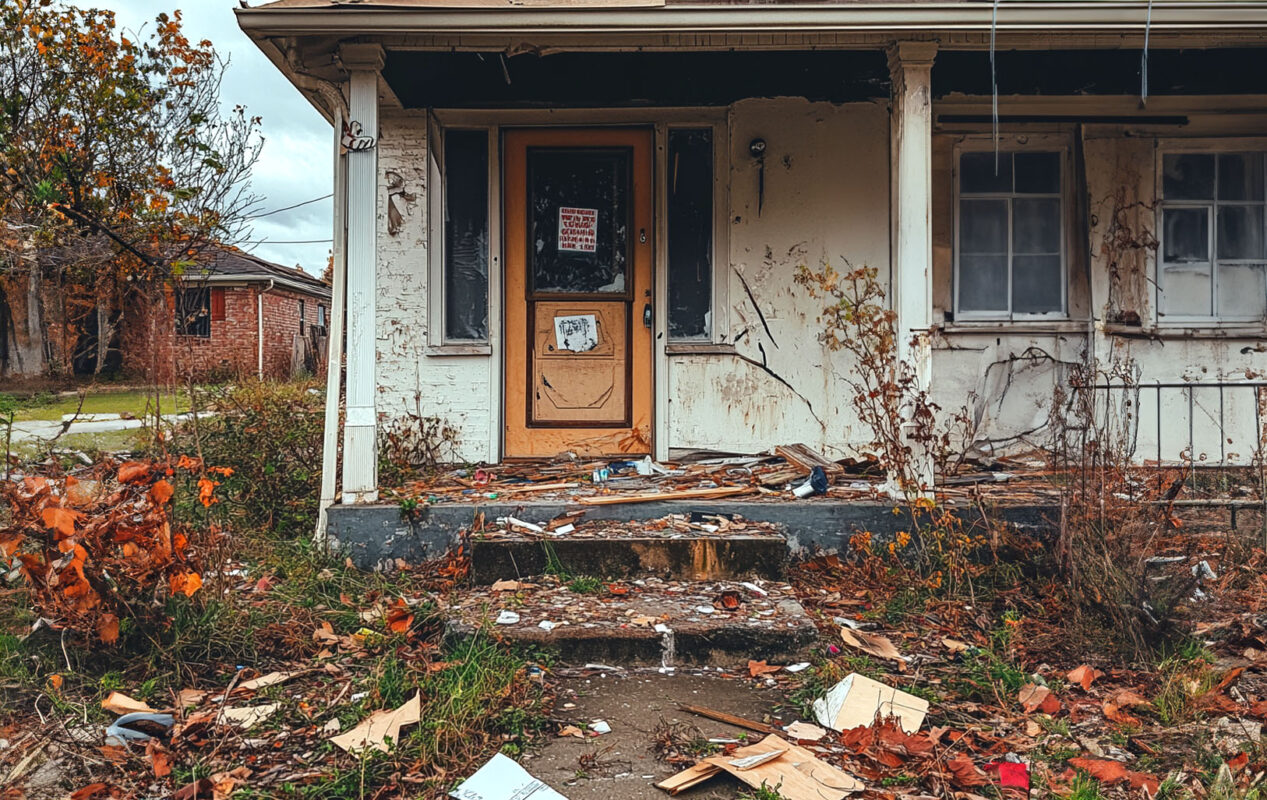 Condemned house with a sign on the door and debris scattered around outside.