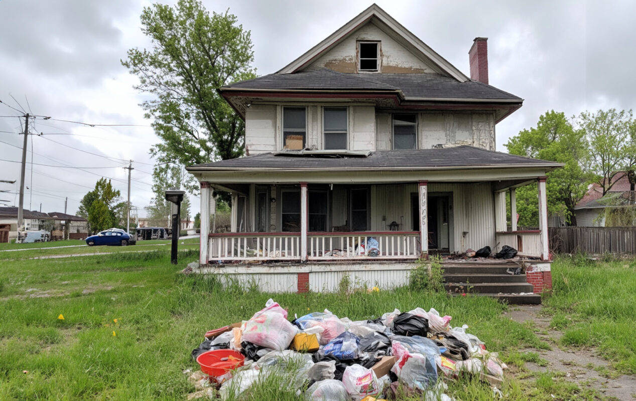 Condemned hoarding house with debris scattered in the yard.