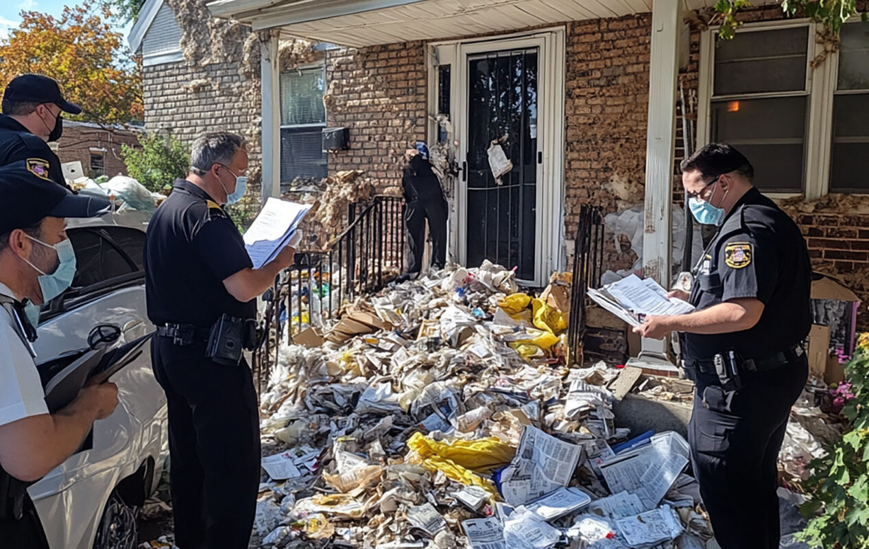 Authorities assess a cluttered, hoarded home with city officials and a clean-up crew preparing to take action.