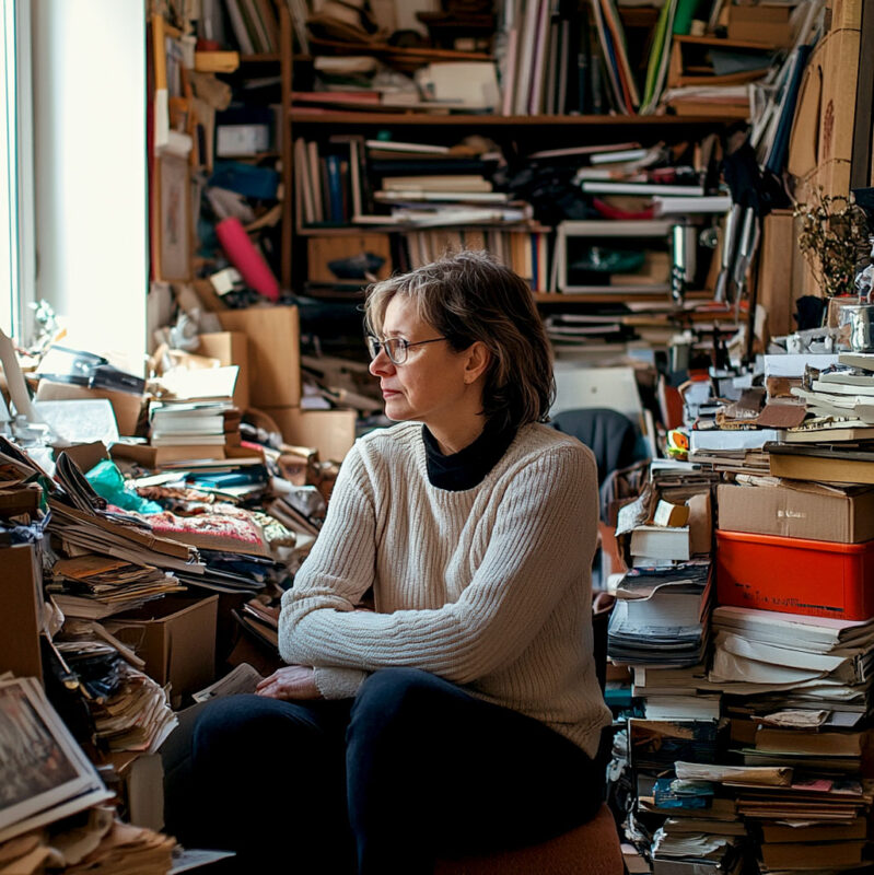 A person sitting calmly in a cluttered room, reflecting or meditating.