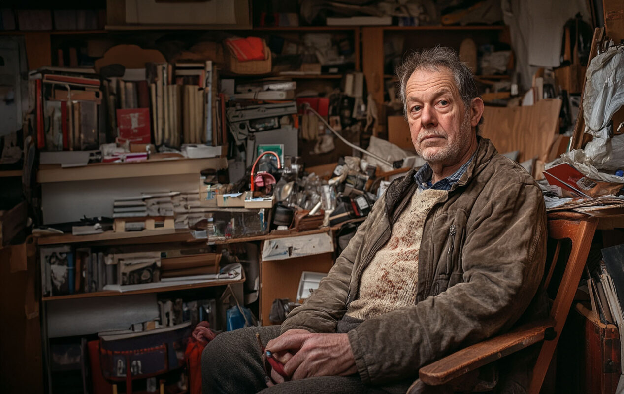 Man sitting in a cluttered room surrounded by piles of papers and household items.
