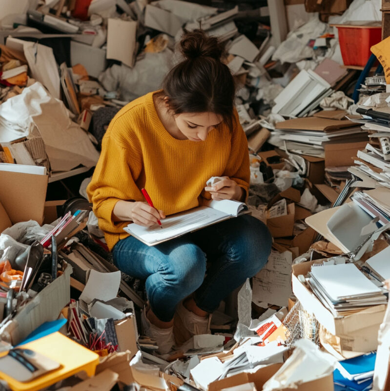 A person inspecting a cluttered room with a notepad and checklist, looking focused and ready to start their hoarder cleanout and cleanup.