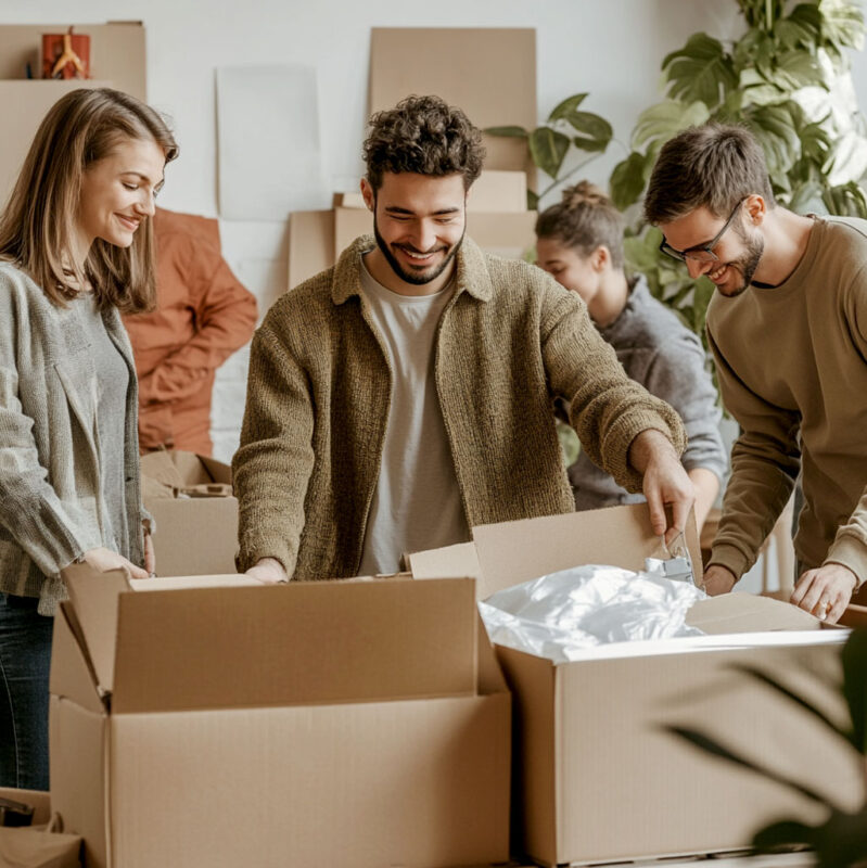 A group of friends or family members working together to declutter a space.