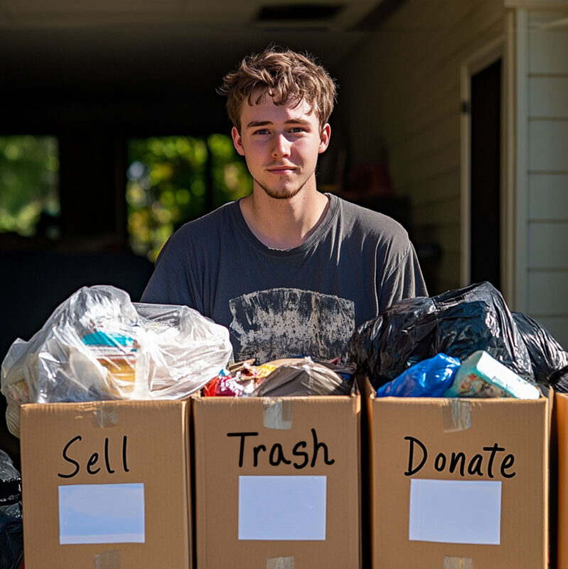 A person sorting items into labeled boxes or bins (Keep, Donate, Discard)