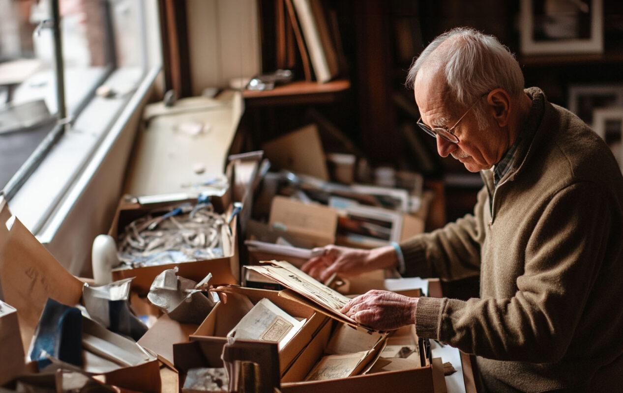 Someone carefully going through sentimental items with a small box for keepsakes.