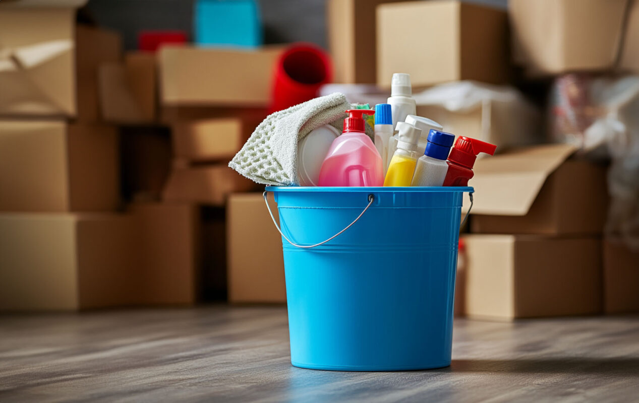 Cleaning and organizing supplies laid out, including bags, boxes, and protective gear.