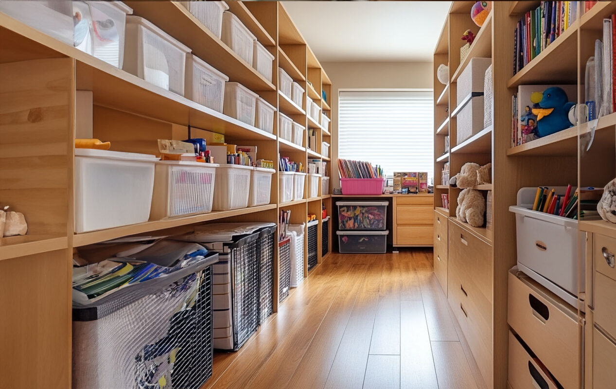 A well-organized closet or room showcasing storage solutions and tidy arrangements.