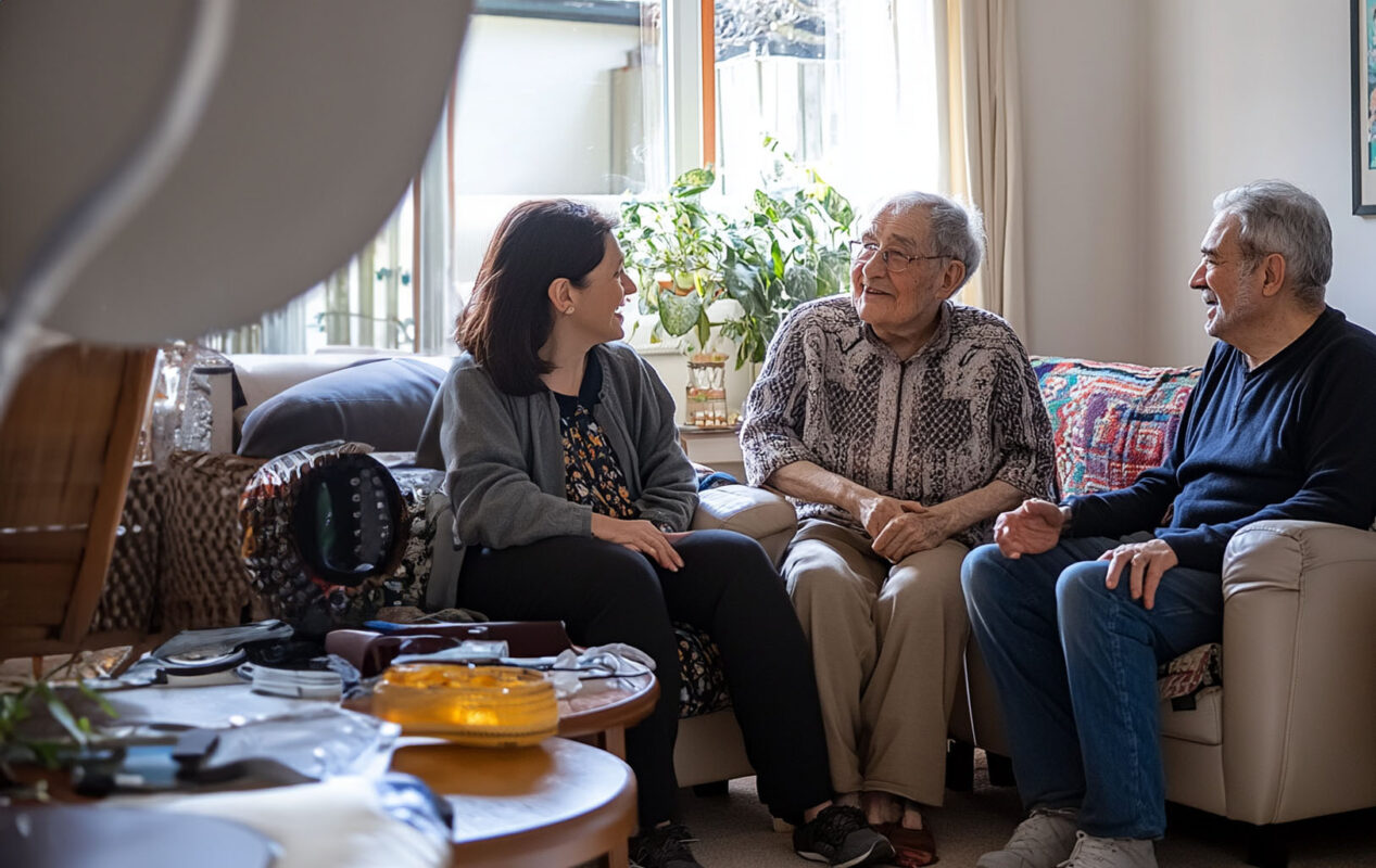 Friends or family supporting someone in a clean and organized space, chatting together.