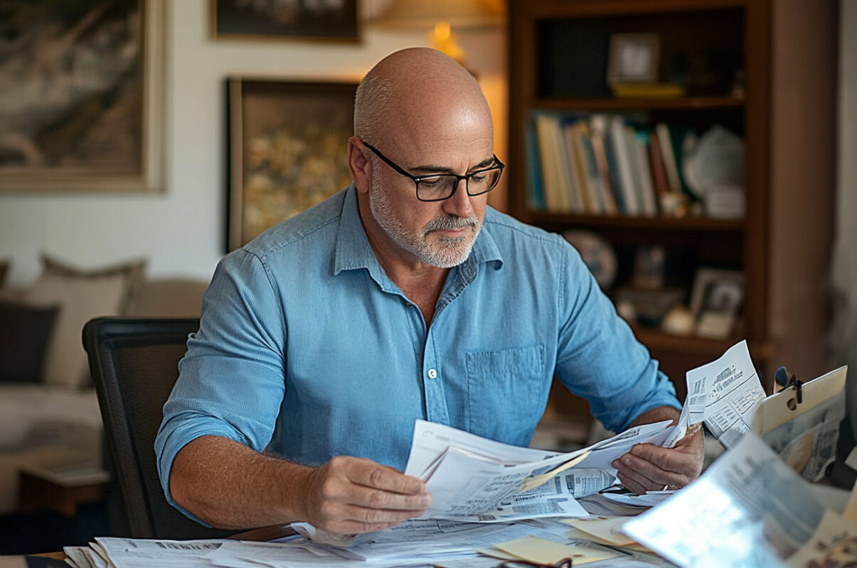 A neatly arranged workspace with a decluttering plan on a clipboard, surrounded by packing boxes and labels.