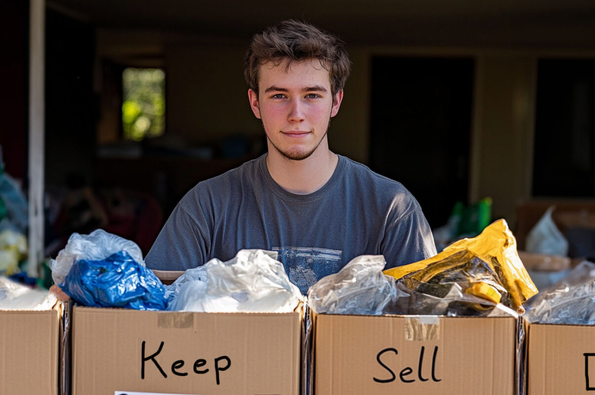 A person sorting belongings into four labeled boxes: Keep, Donate, Sell, and Discard.