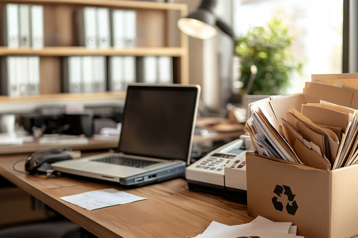 A person carefully sorting sentimental items, including photo albums and keepsakes, into a memory box.