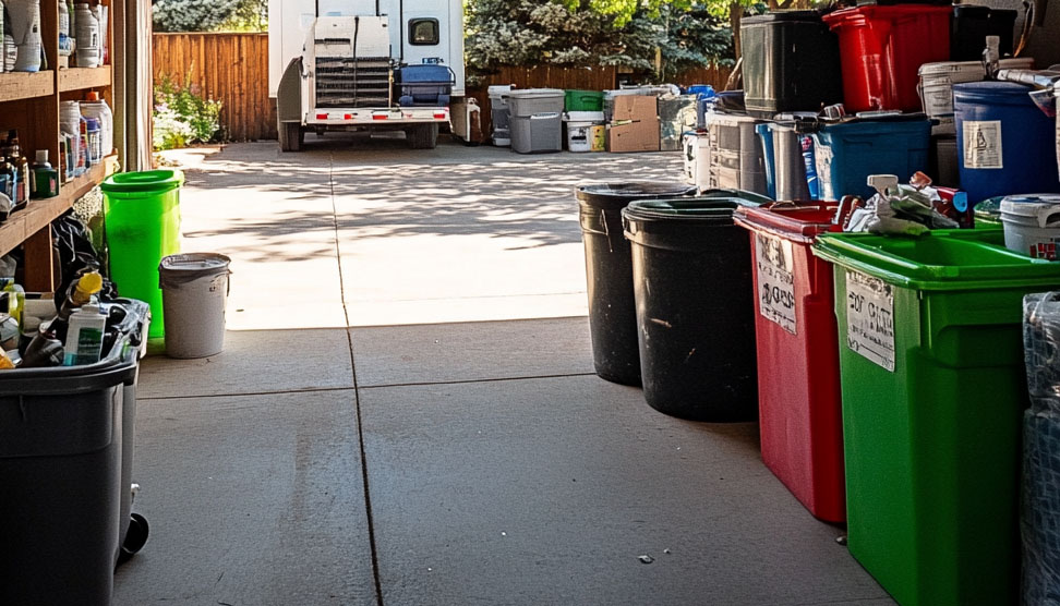 Paint cans, batteries, and chemicals being sorted into labeled hazardous waste bins in a garage.