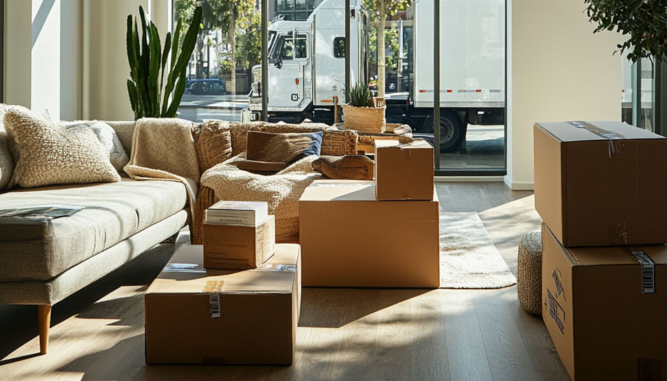 A bright, modern living room with half-packed boxes and a moving truck outside the window.
