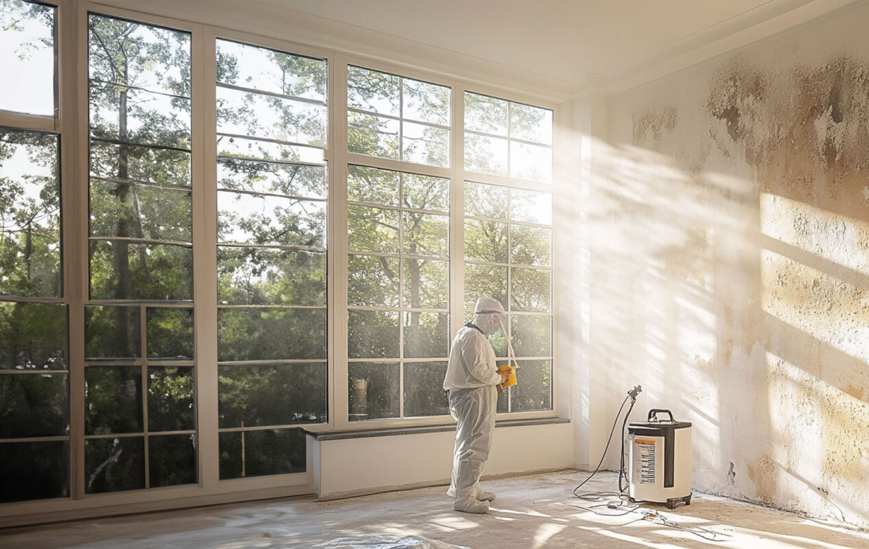 Restored living room with sunlight after mold remediation, with a dehumidifier in the corner.