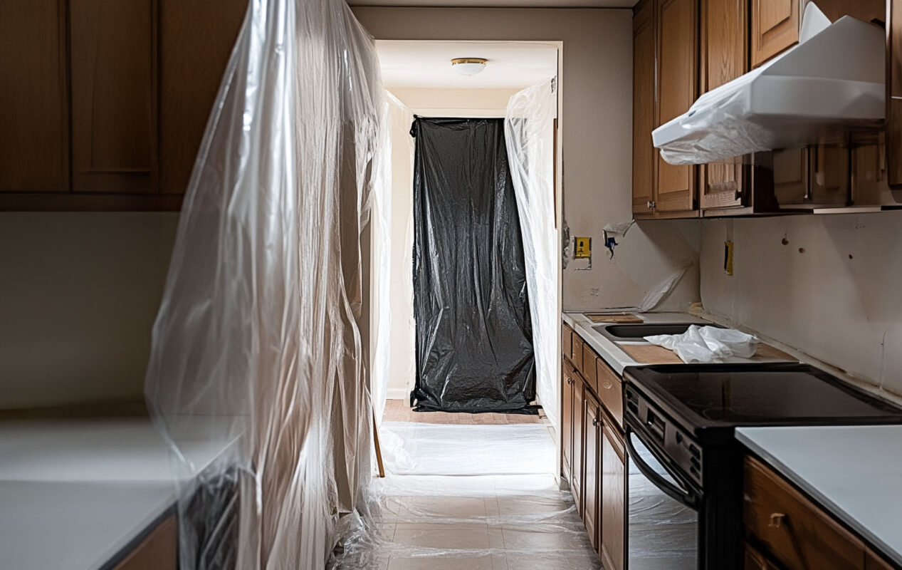 A sealed room with plastic sheeting and warning signs for mold containment.