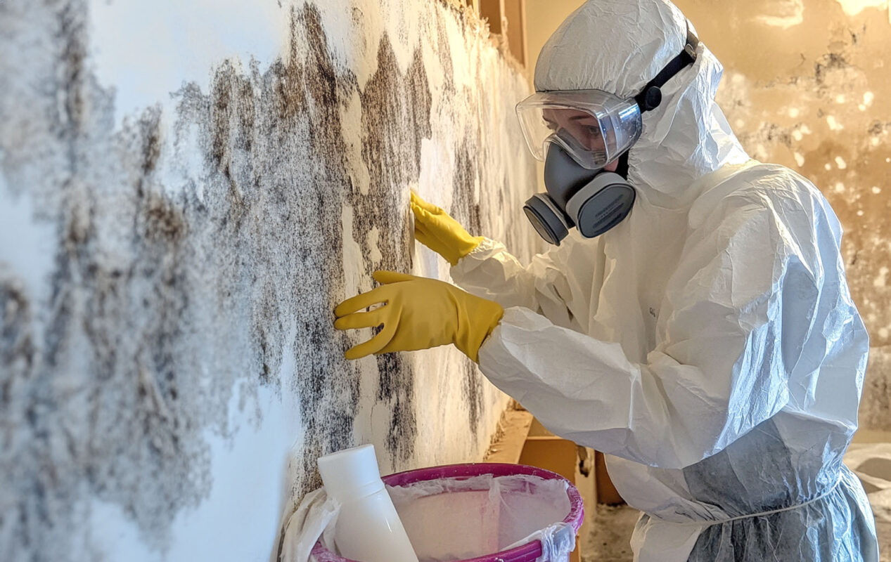 Person wearing an N95 mask, goggles, gloves, and protective suit preparing to clean mold.