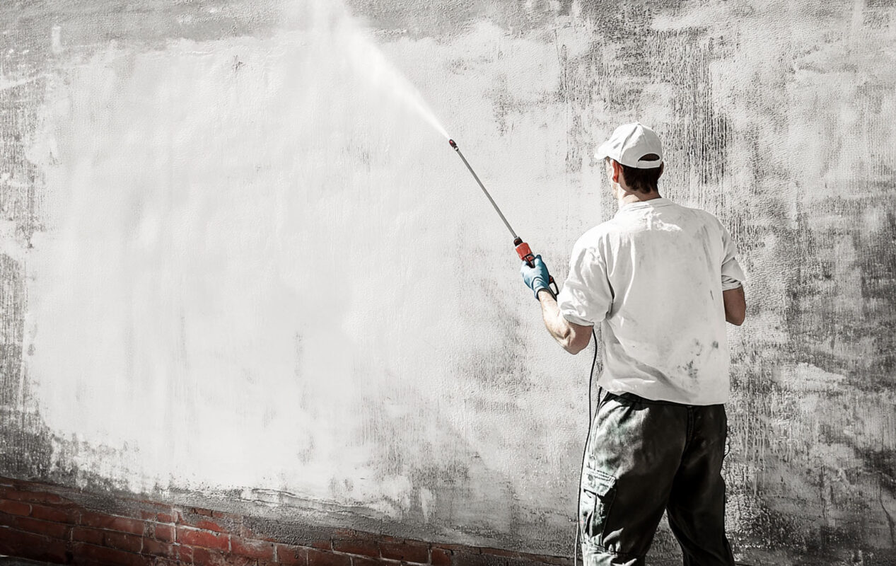 Homeowner using a pump sprayer to treat mold on a wall with vinegar, alongside borax and bleach.