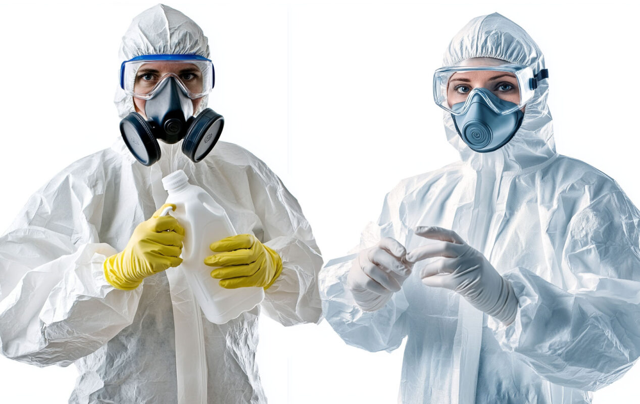 Person wearing an N95 mask, goggles, gloves, and protective suit preparing to clean mold.